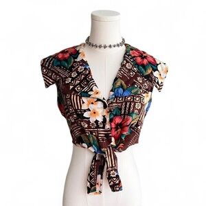Vintage 90s Hawaiian Tie-Front Brown Top